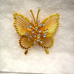 Monet Butterfly Brooch Pin Gold Tone Rhinestones Vintage Signed